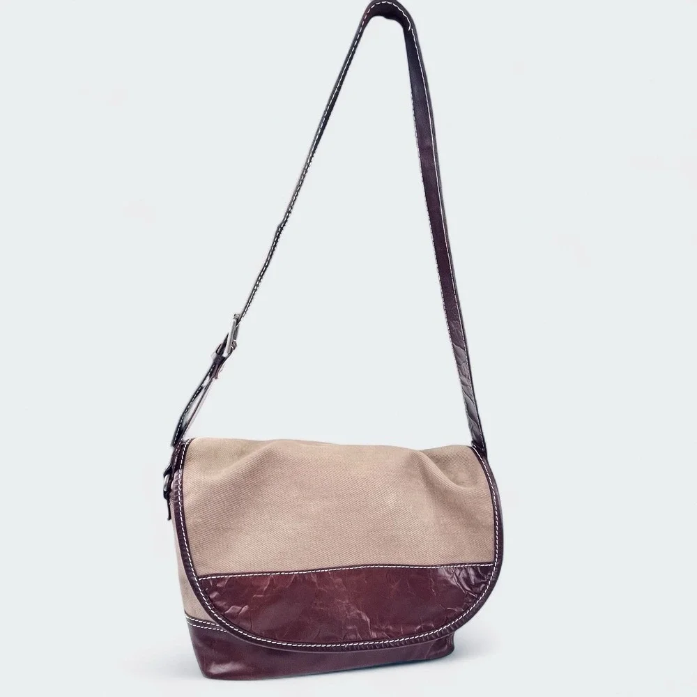 Lanidor Portugal Brown Buffalo Leather Canvas Messenger Bag Satchel‎ Crossbody
